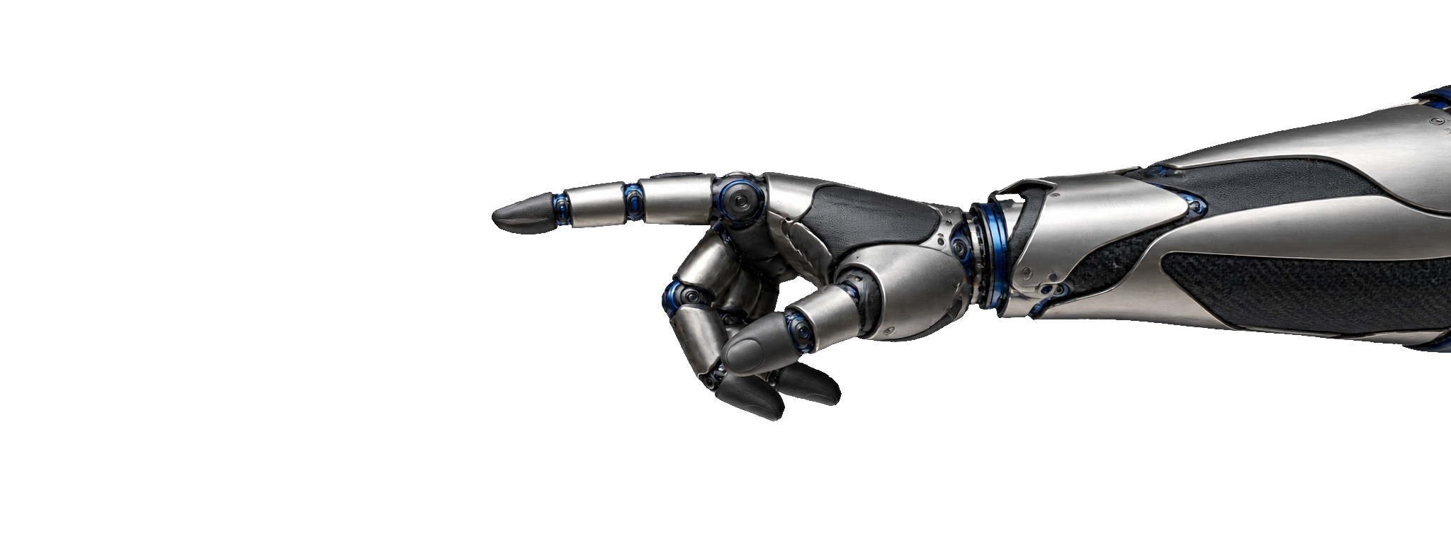 A solid articulated cybernetic hand reaching back