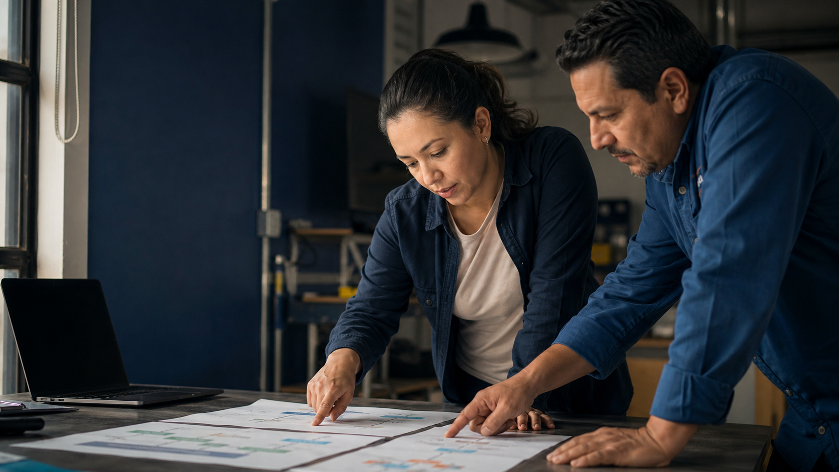 Two operations professionals reviewing a workflow together at a worktable